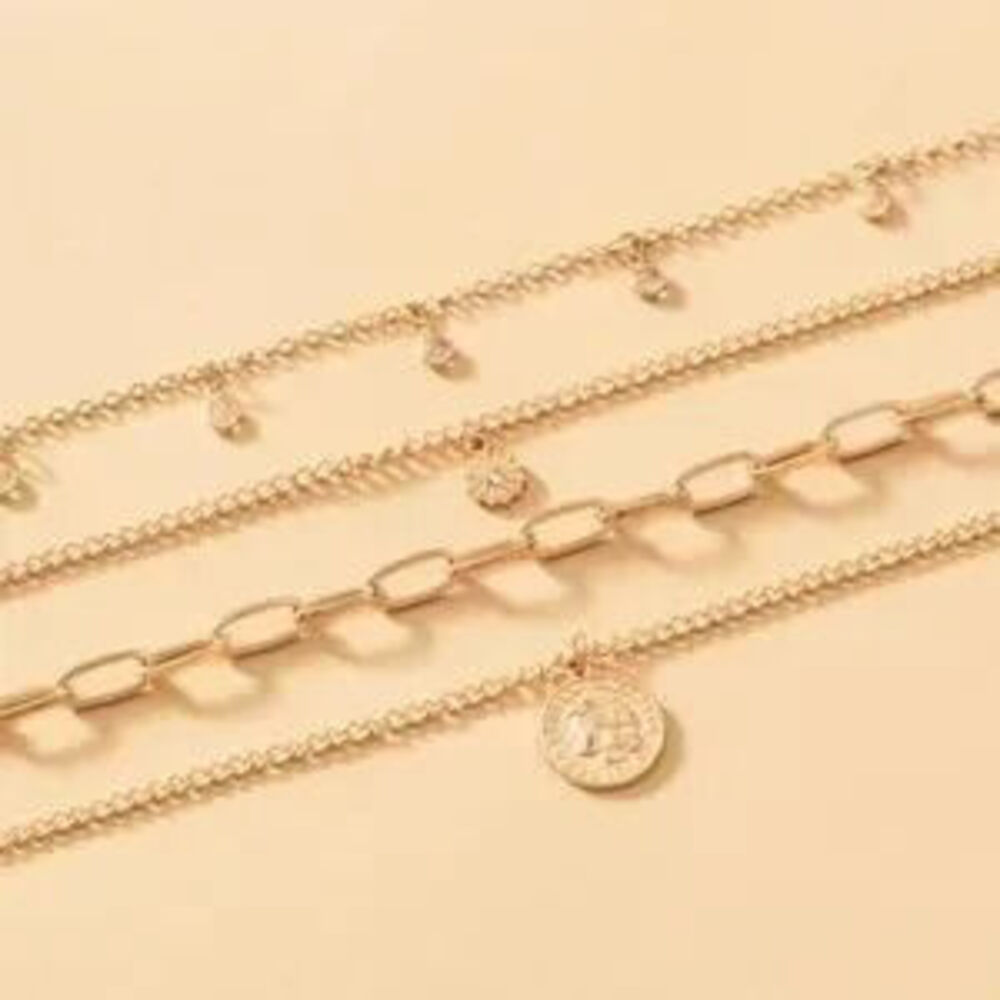 Multilayer Pendant Chain Necklace Set Boho Layered Gold Tone - Picture 3 of 5